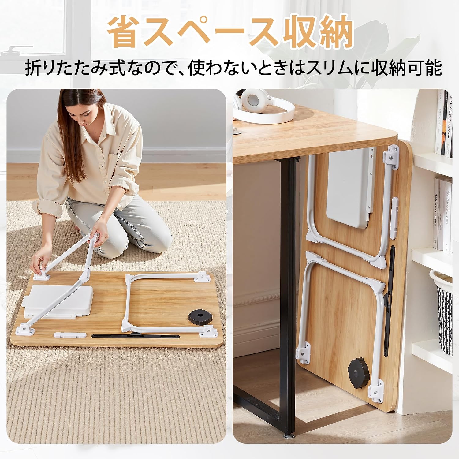 Detalle 1 de VECELO KHD-FT16-OAK-60-JP 折りたたみローテーブル 幅60×奥行40×高さ28cm USBポート・引き出し付き オーク
