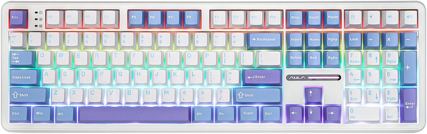 Detalle de EPOMAKER Aula F108 Wireless Gaming Keyboard (Full Size, Hot-Swappable) with 4000mAh Battery, 108 Keys, White & Blue