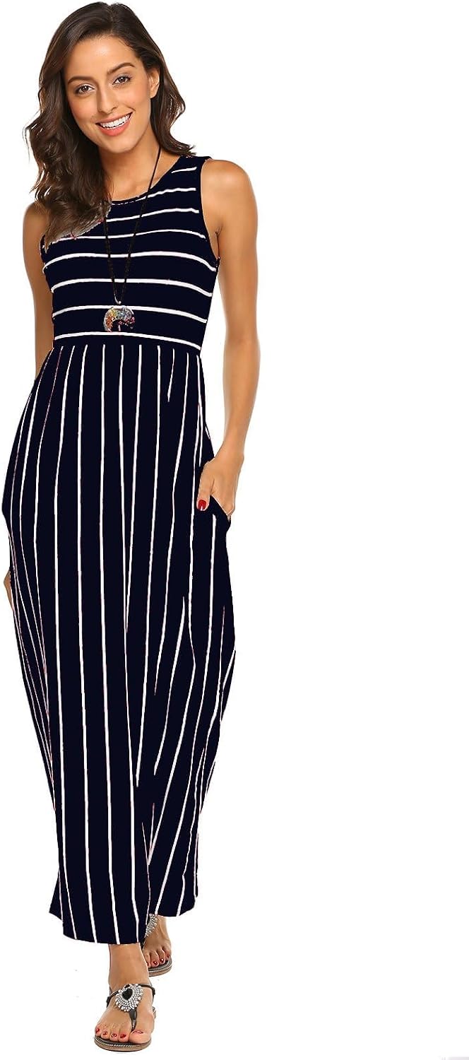 Detalle de BDTECAOR Maxikleid Damen – Sommer Boho, Ärmel-los, Strandlook mit elastischem Bund
