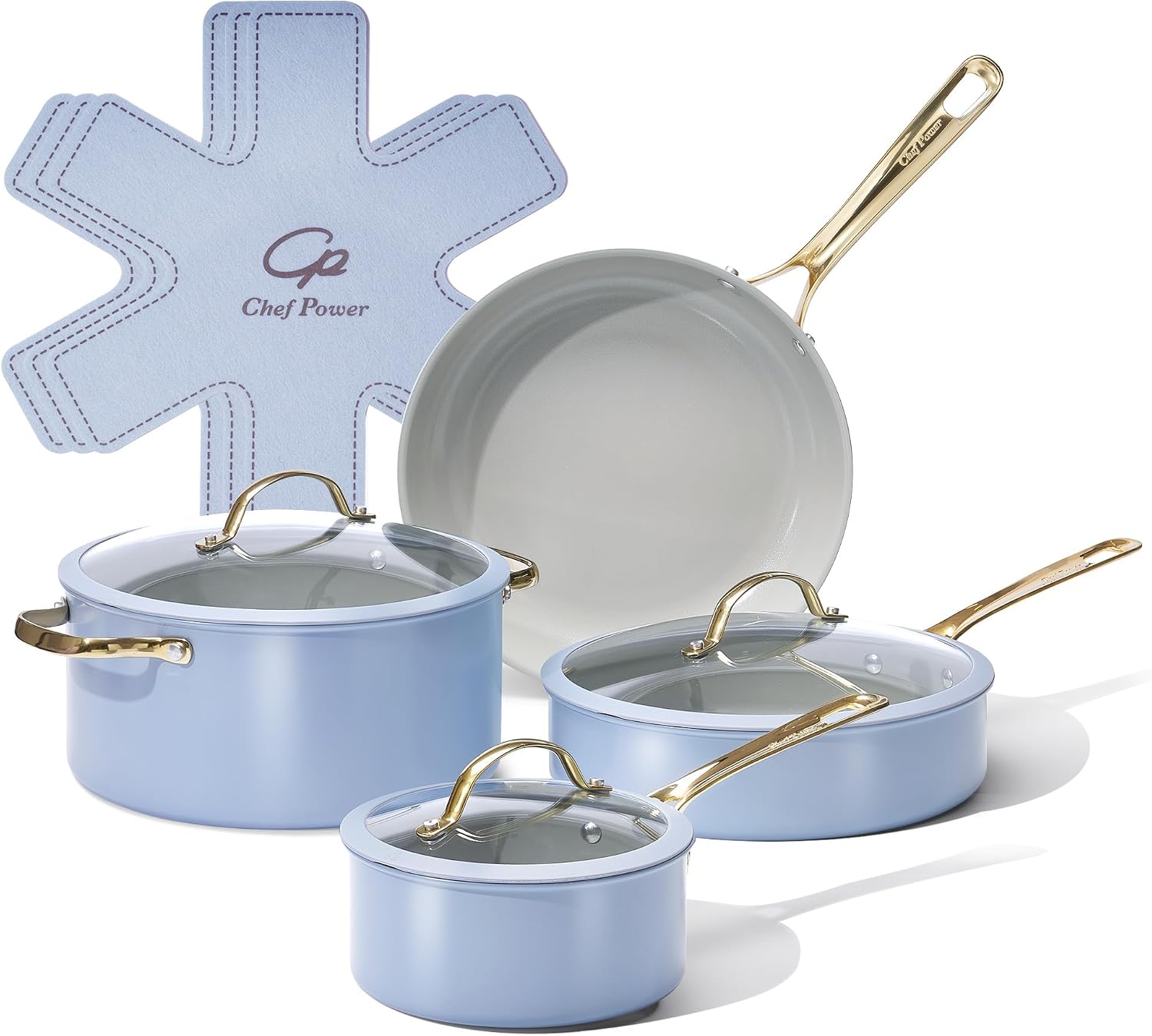 Detalle de Chef Power Light Blue Ceramic Cookware Set, 10-Piece, Oven Safe to 450°F