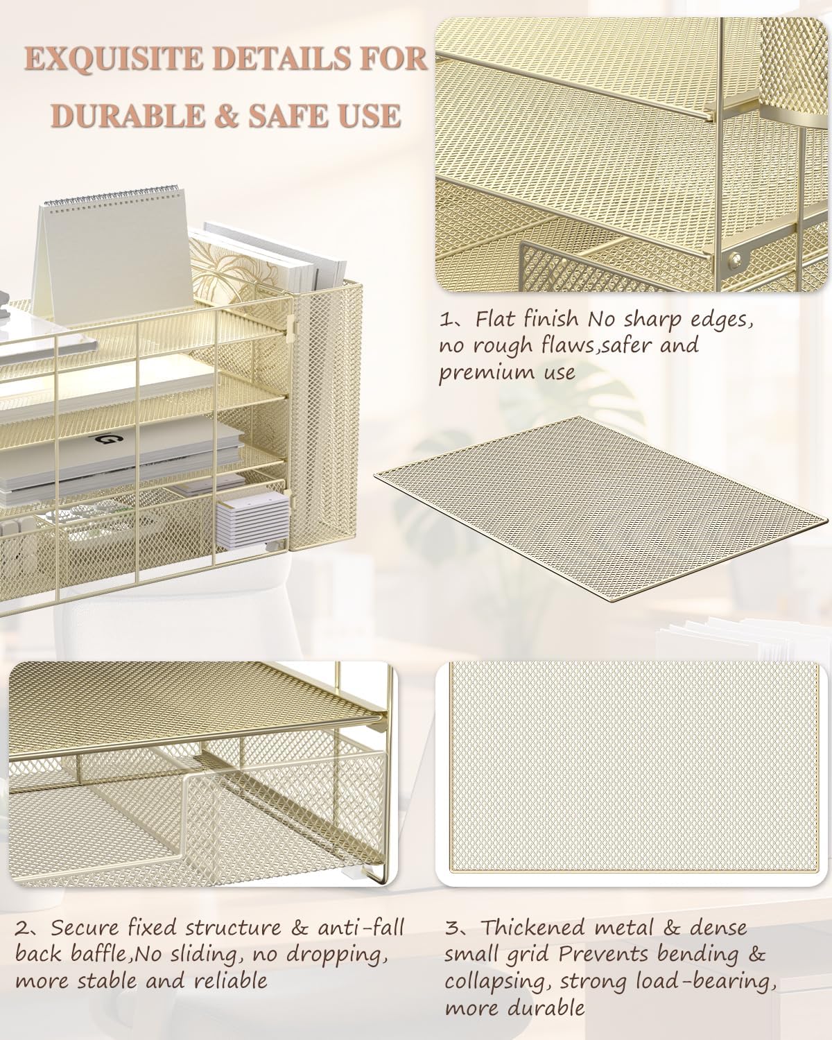 Detalle 1 de WALI DO005DH-G Desktop File Organizer, 4-Tier Metal Letter Trays, Gold