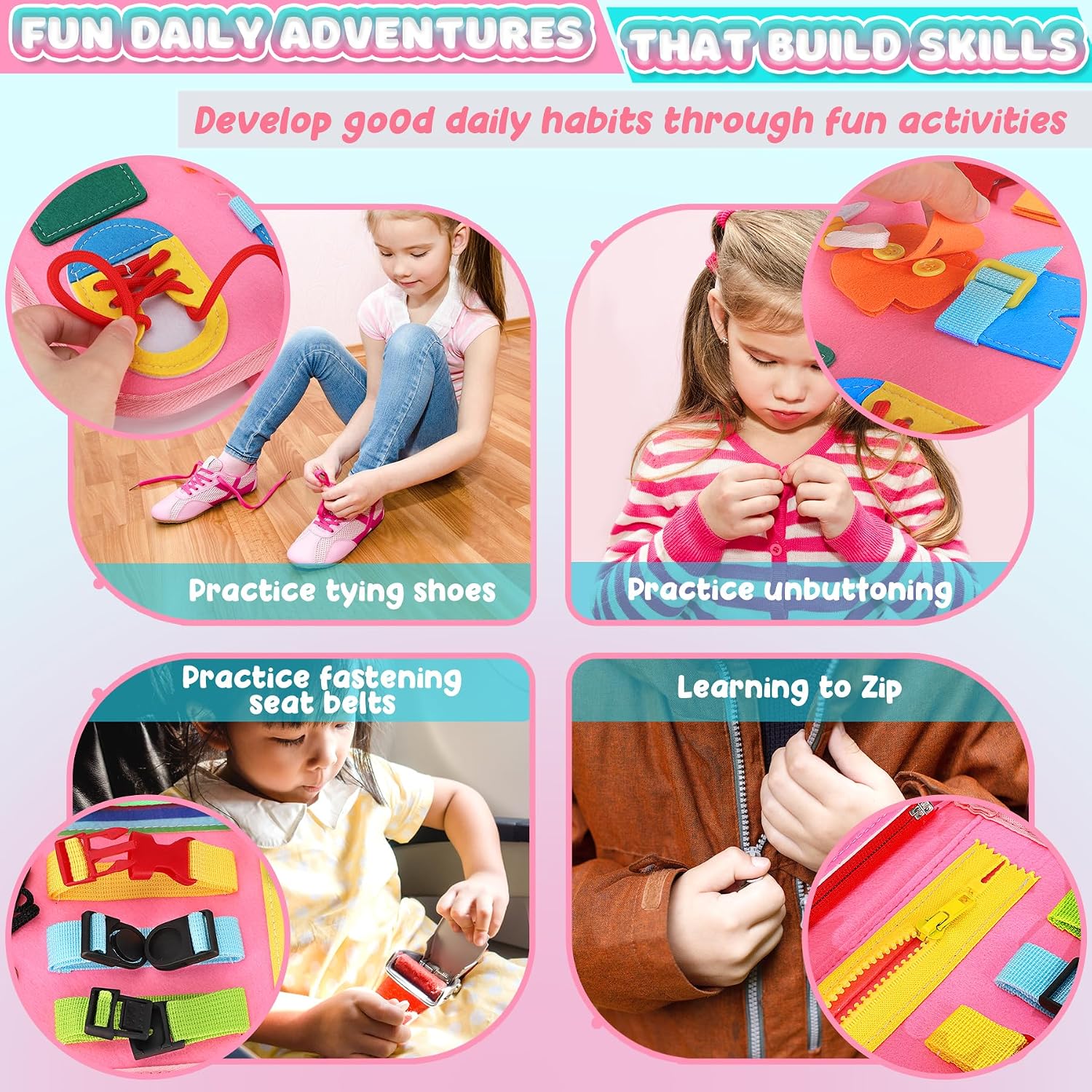 Detalle de Busy Board Montessori Busy Book for Toddlers, 6 Felt Pages for Travel