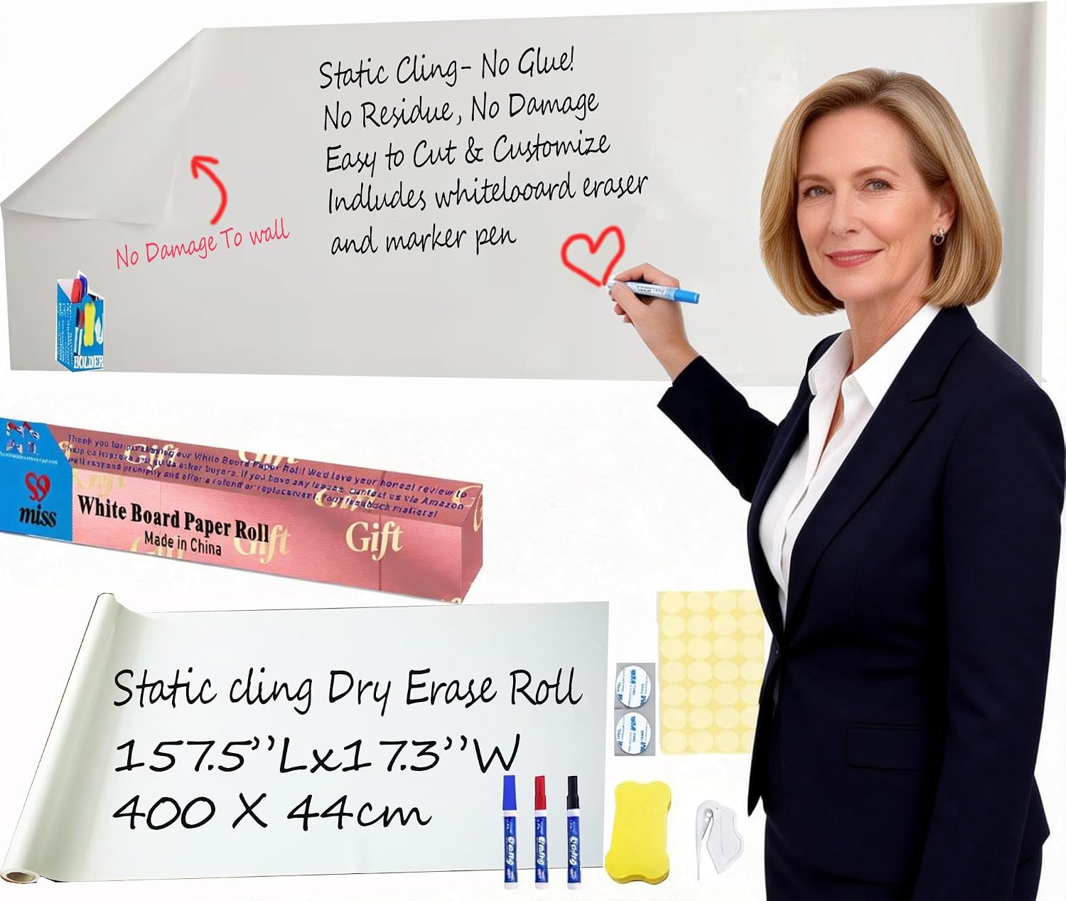 Detalle de 17.3 x 157.5 in White Board Paper Roll – Dry Erase, No Glue Static Cling, Portable DIY Whiteboard