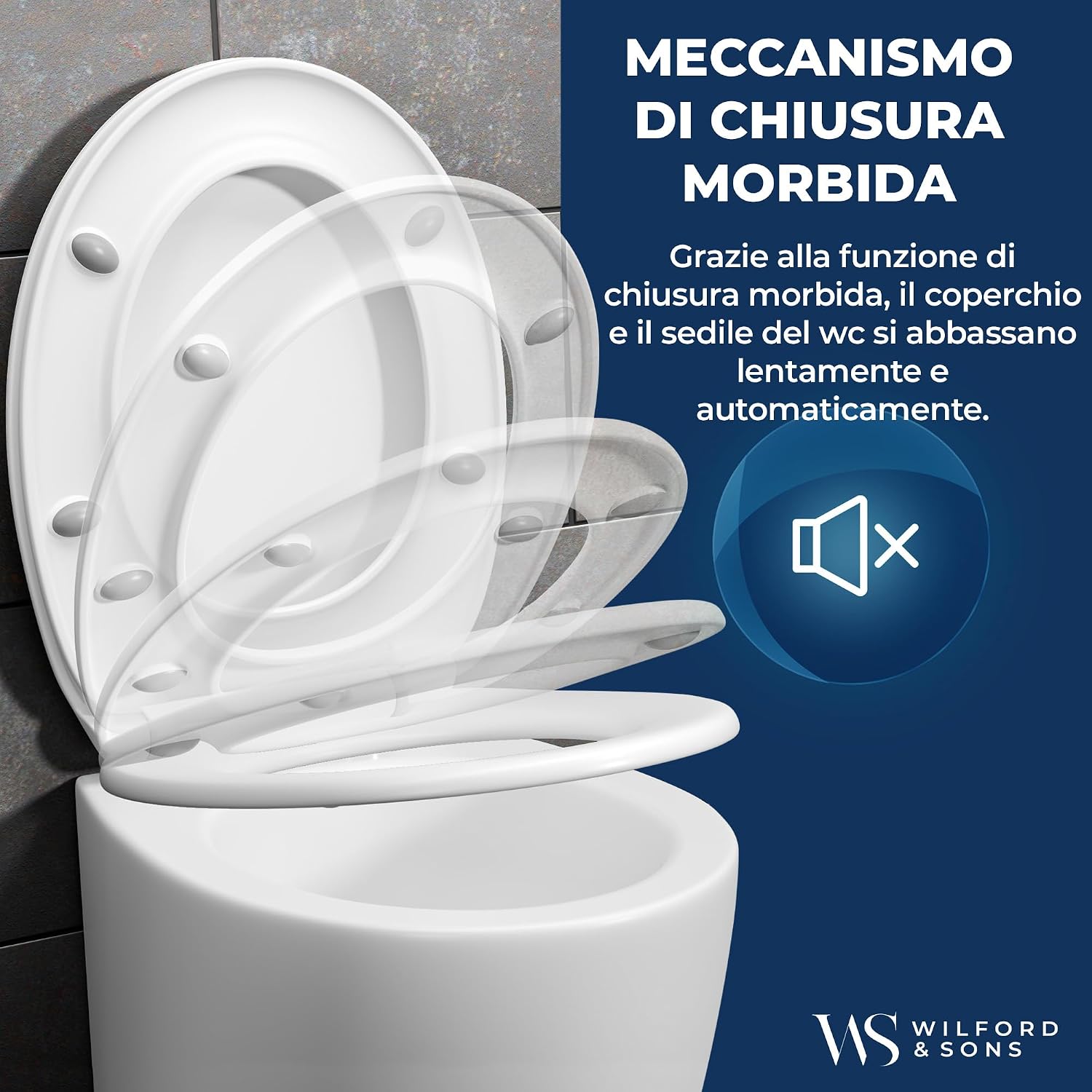 Detalle de Wilford & Sons PREMIUM Copriwater: sedile WC con chiusura ammortizzata in forma O, bianco, alta qualità