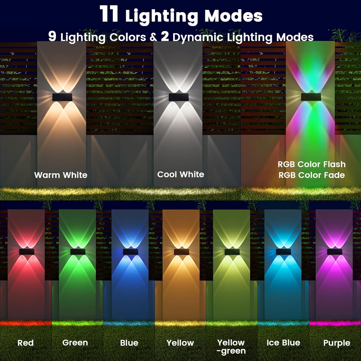 Detalle de AIXPI Solar Fence Lights Outdoor Garden (4 Pack) – RGB 11 Modes, Up/Down Lighting, IP65 Water Resistant