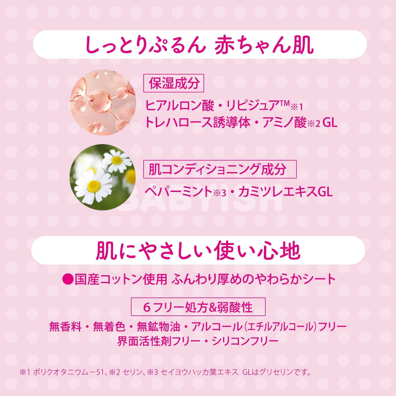 Detalle de クリアターン ベイビッシュ うるおいフェイスマスク 50回分|アルコール・着色料フリー