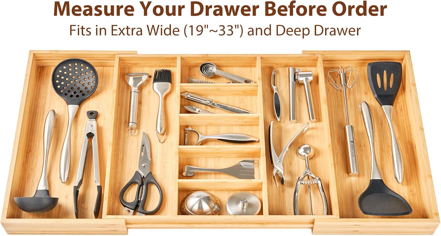 Detalle 2 de Umilife Extra Large Expandable Kitchen Drawer Organizer — 19" Deep, 19" to 33" Width, Bamboo Wood