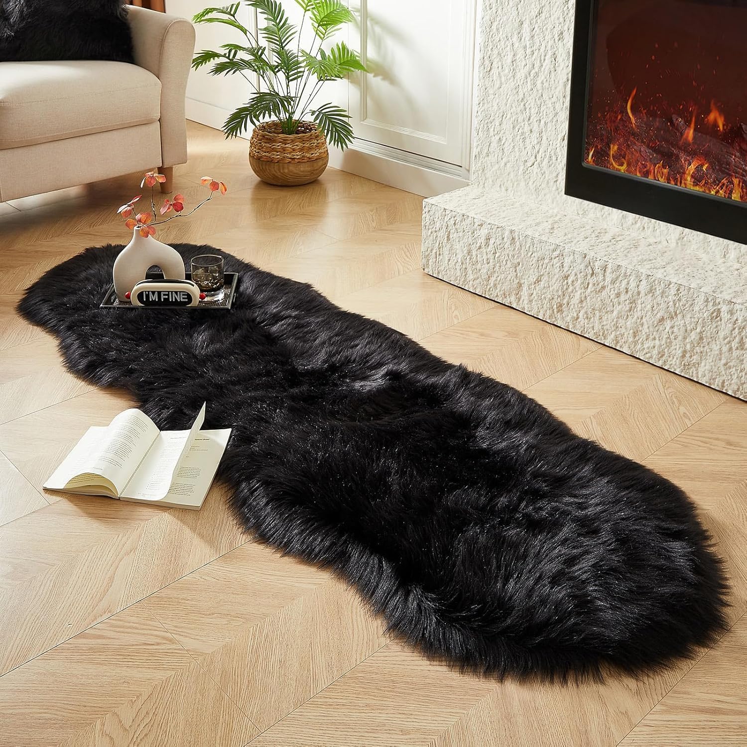 Detalle de JXLOULAN Faux Fell Lammfell 60x160 cm Schwarz