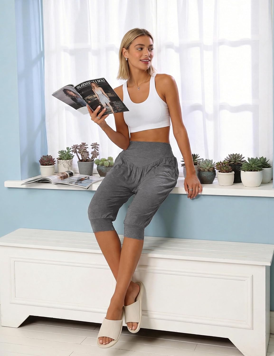 Detalle de Terecey pantalon sarouel femme taille haute ample (3/4), léger pour yoga, pilates, fitness et danse