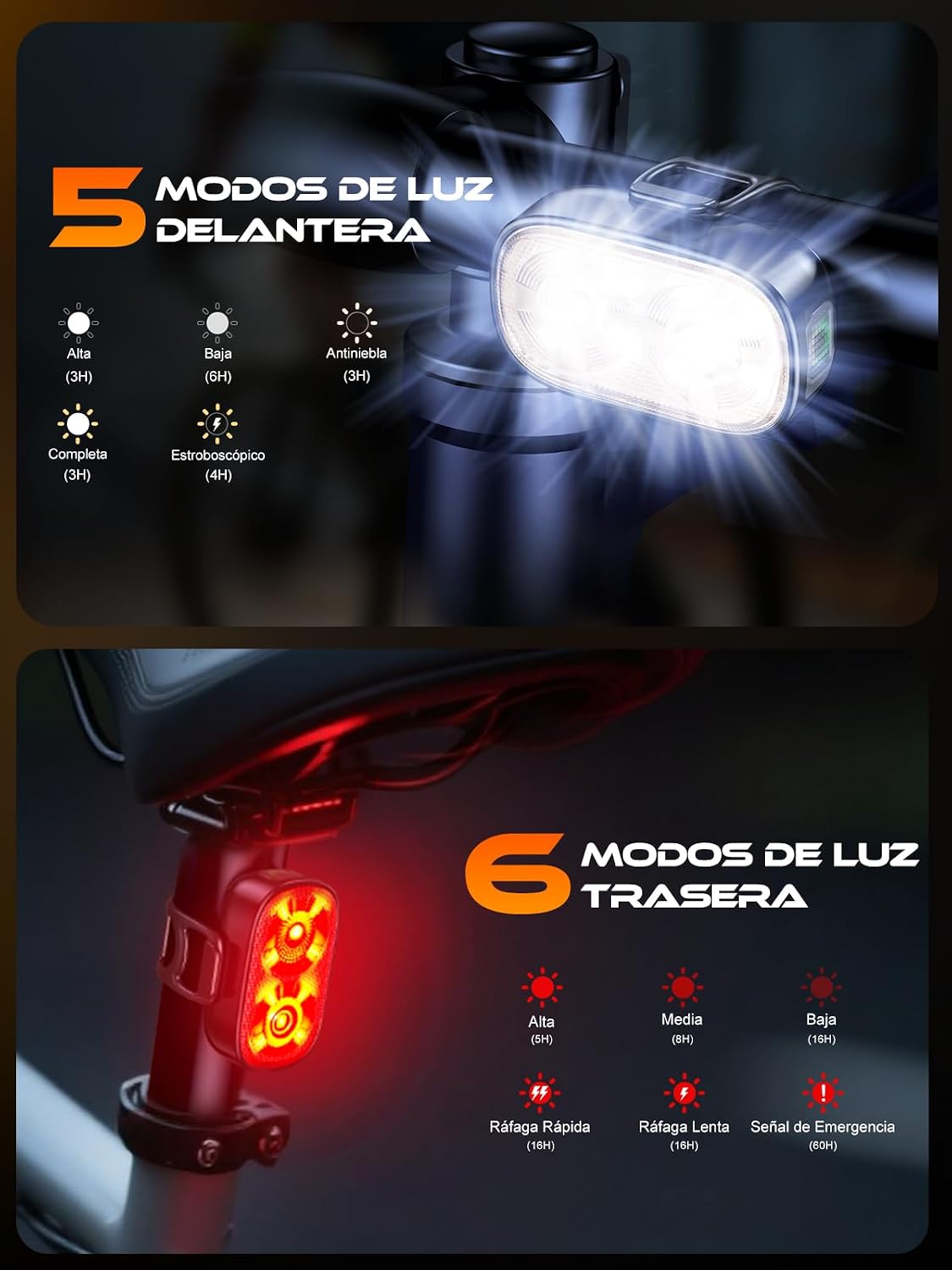 Detalle de ISEYOU Luz Bicicleta Delantera USB‑C 11 modos