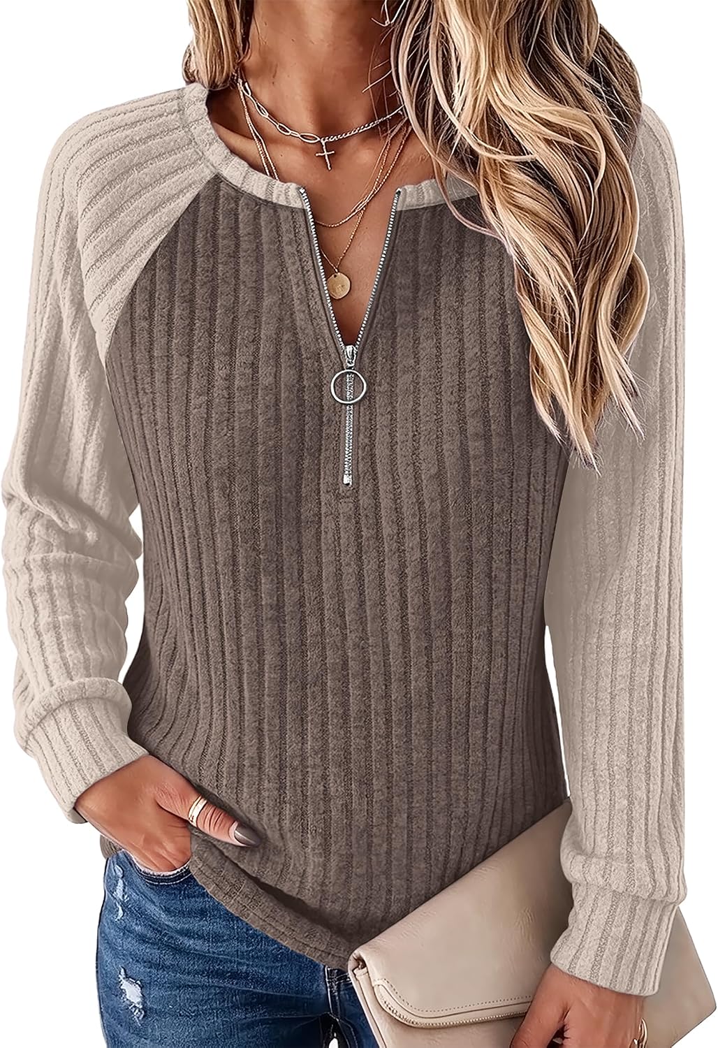 Detalle de WIHOLL Women's Quarter-Zip Pullover in Ribbed Knit