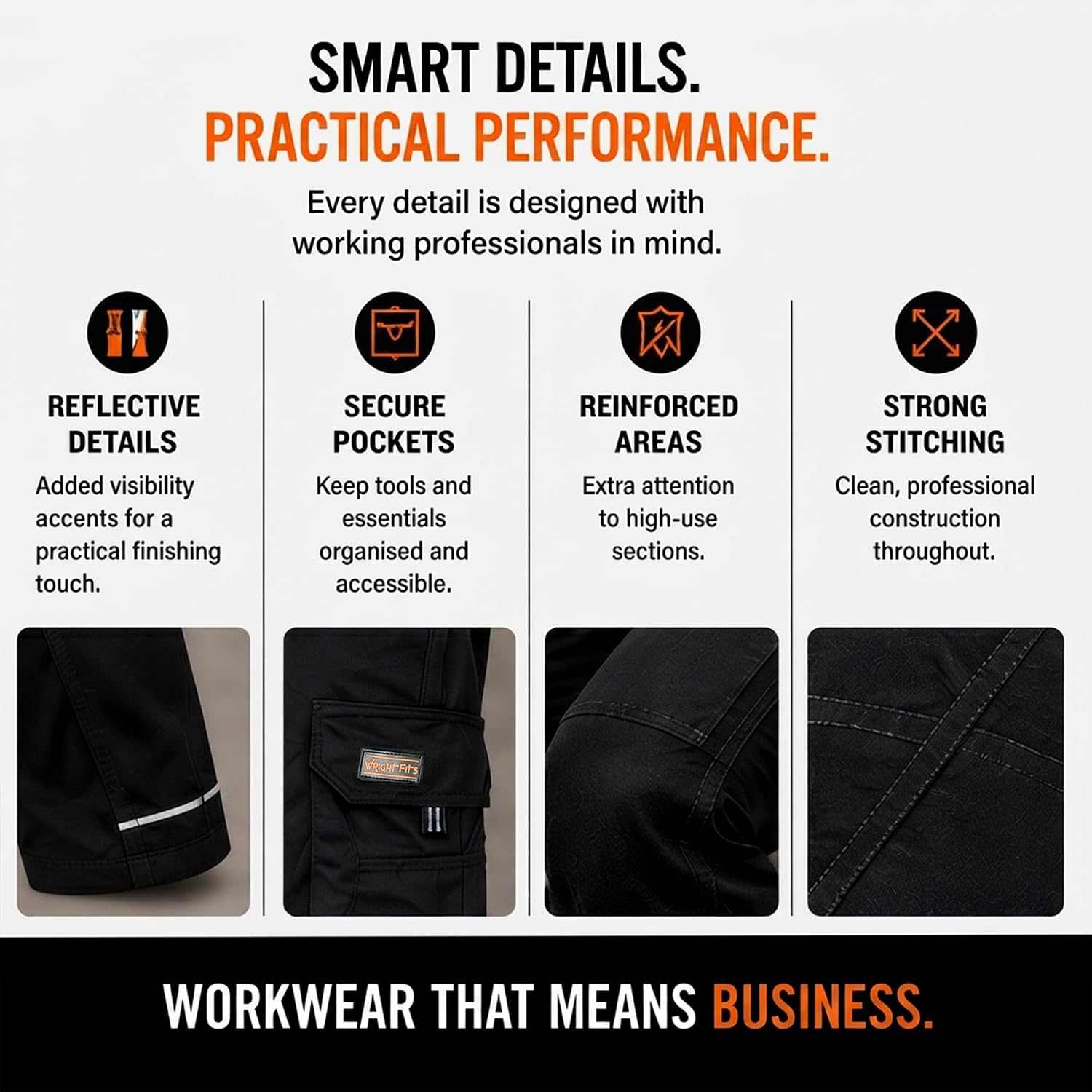 Thumbnail 2 de WrightFits Wright Wears Pro-11 Heavy Duty Work Cargo Trousers (32W/31L) in Black