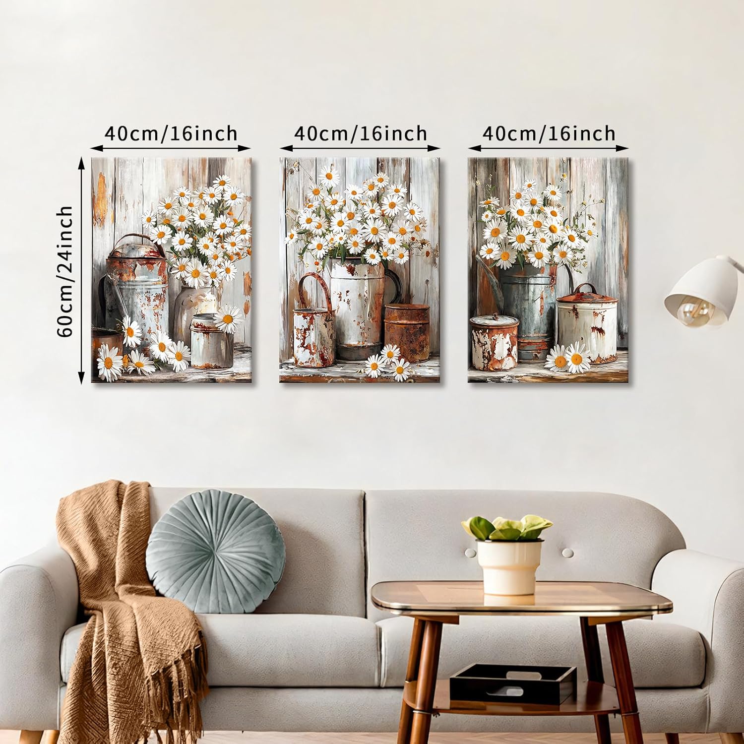 Thumbnail 1 de 3er-Set Leinwandbilder mit Rahmen „Gänseblümchen“ im Vintage-Look, ca. 120x60 cm (40x60 je Bild)