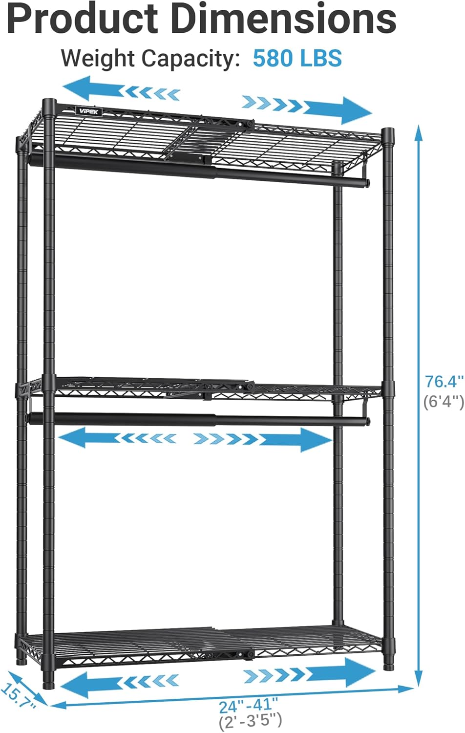 Thumbnail 4 de VIPEK X1 Adjustable Clothes Rack, 3 Shelves and 2 Extendable Rails, Black