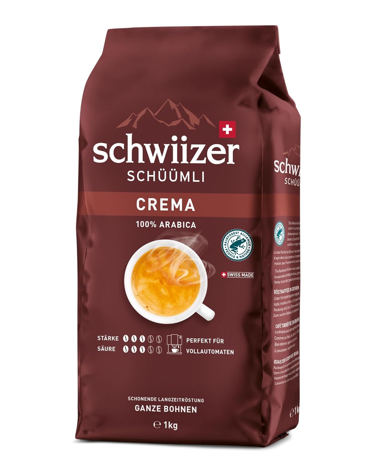 Detalle de Schwiizer Schüümli Crema – 100% Arabica Bohnen, milde Vollautomat-Option, Rainforest Alliance, 1 kg