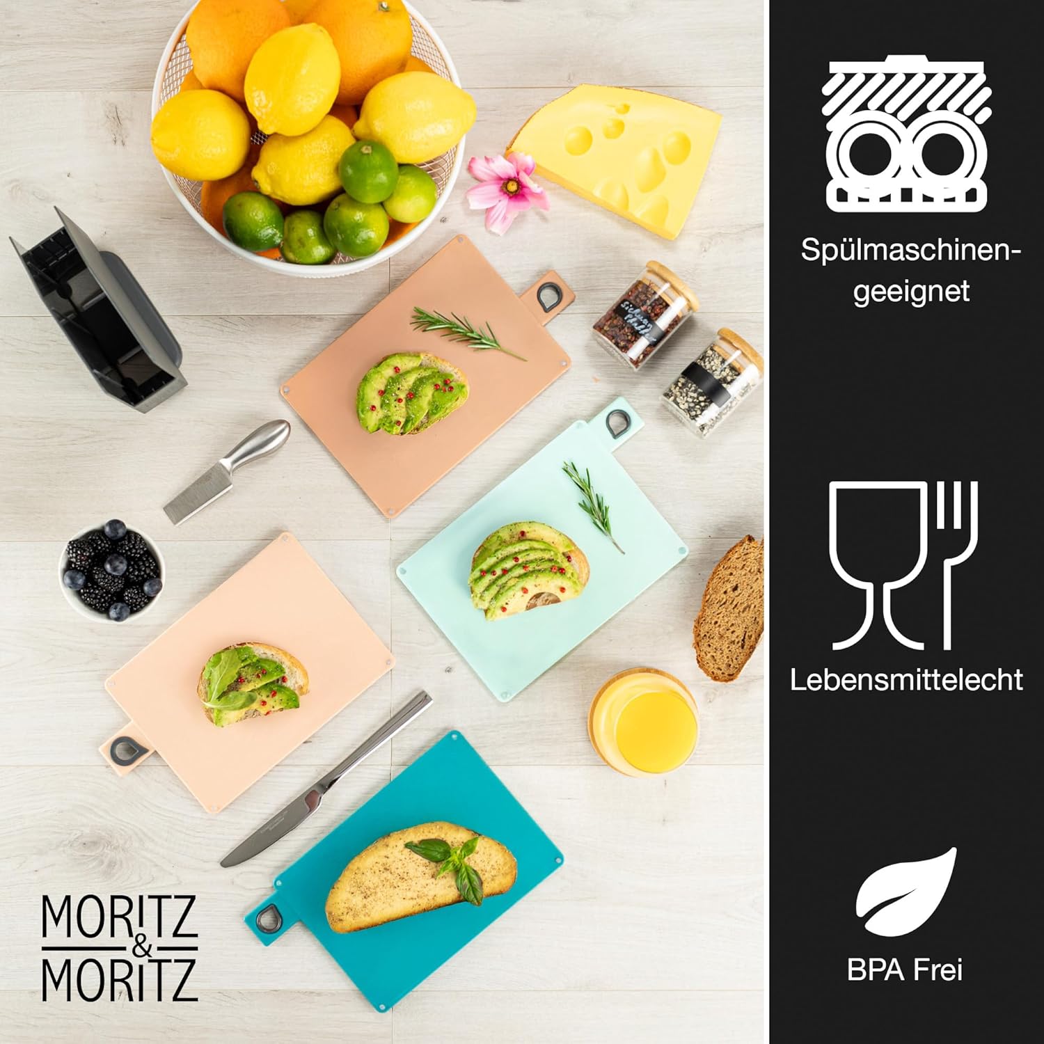 Detalle de Moritz & Moritz Set aus 4 Frühstücksbrettchen mit Ständer (20,5 x 14,5 cm) – spülmaschinenfest, bunte Schneidebretter aus Kunststoff