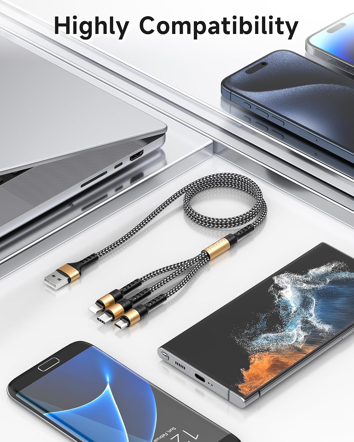 Thumbnail 6 de RAVIAD Multi USB Kabel 2M – 3-in-1 Nylon-Ladekabel mit Micro USB, USB-C und Lightning