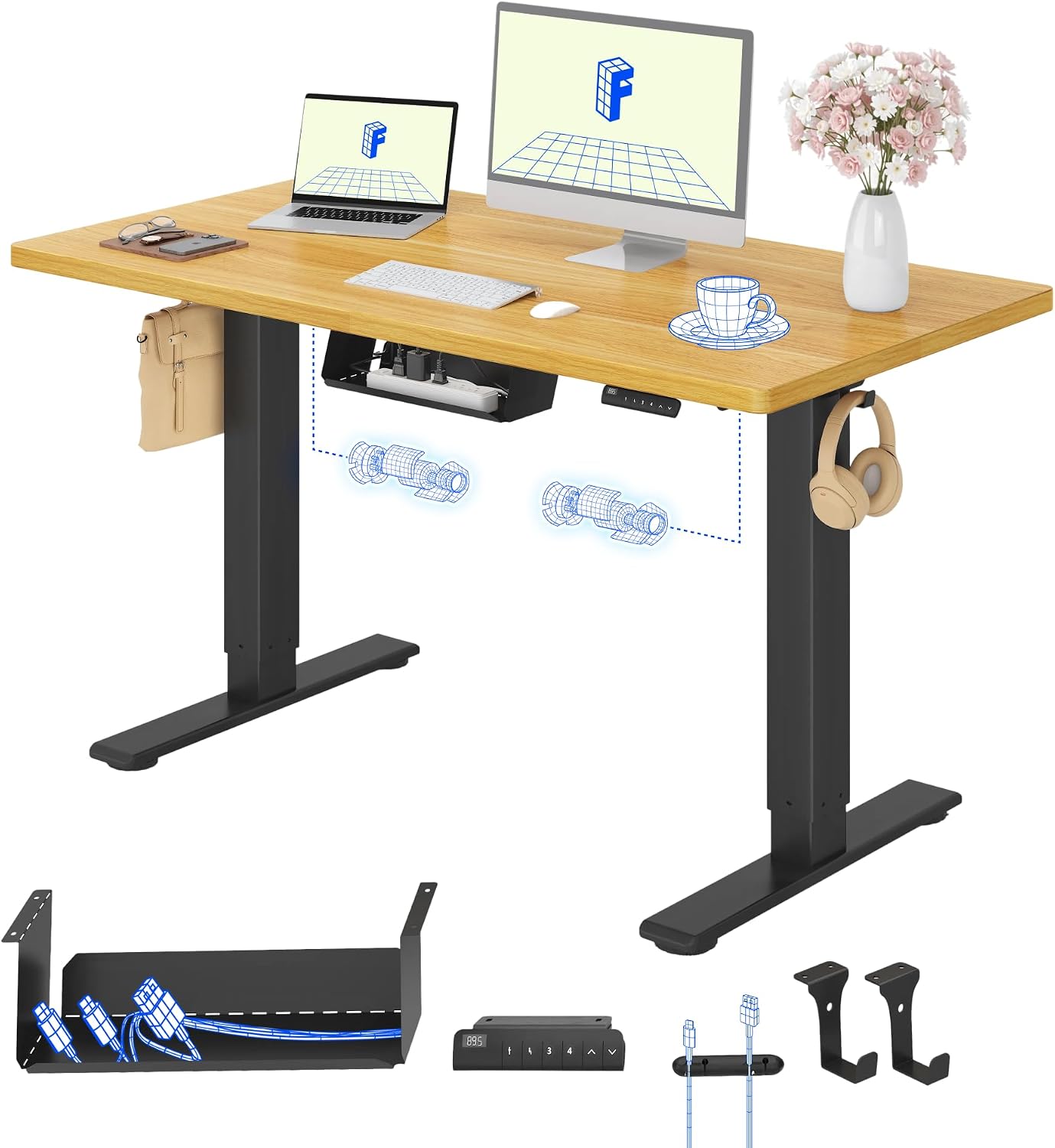 Detalle de FlexiSpot E1 PRO Electric Standing Desk, 120 x 80cm, Dual Motors, Black and Maple