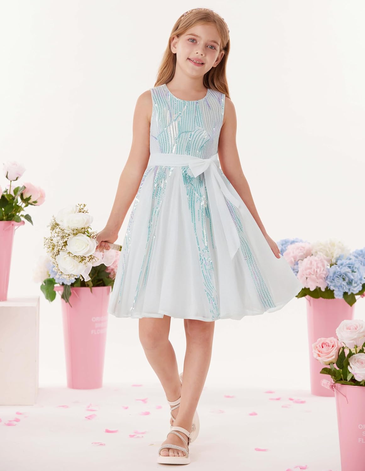 Detalle de GRACE KARIN Abito dorato per ragazze con paillettes: stile festivo in tessuto elastico e chiffon