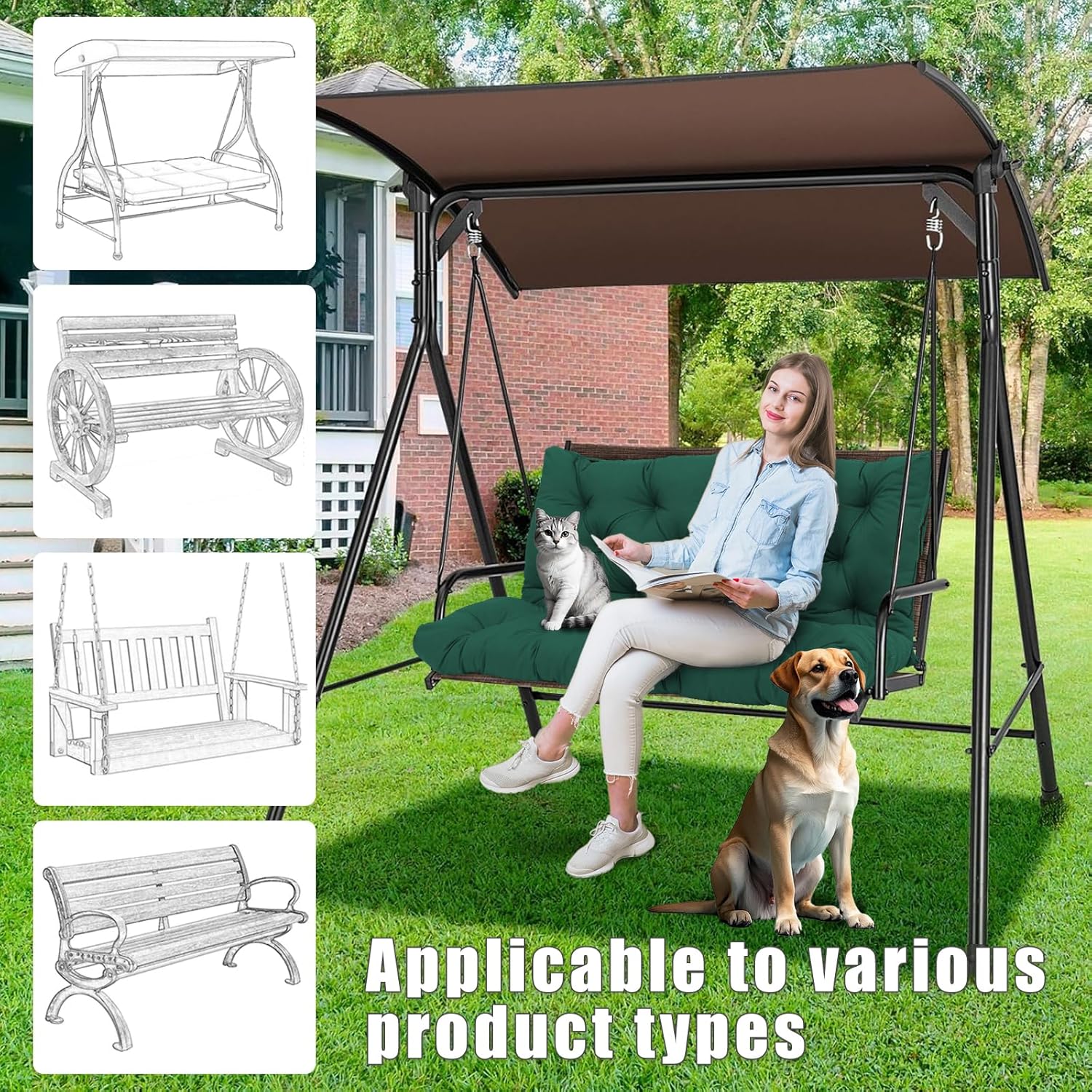 Thumbnail 5 de Amdieu Garden Swing Cushions 3 Seater – Waterproof Bench Cushions with Backrest (Dark Green, 100 x 100 cm)