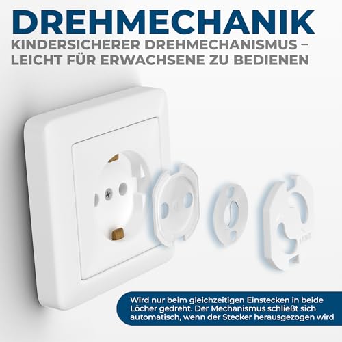 Detalle de Hoffenbach 30x Steckdosen Kindersicherung – Drehmechanik, Weiß, kompatibel mit Schuko (Typ F)