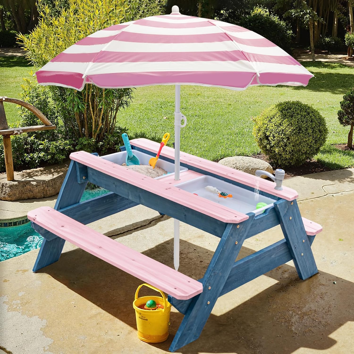 Detalle de K LUCKIDS 3-in-1 Sand & Water Table: Wood Outdoor Picnic Table for Up to 4 Kids