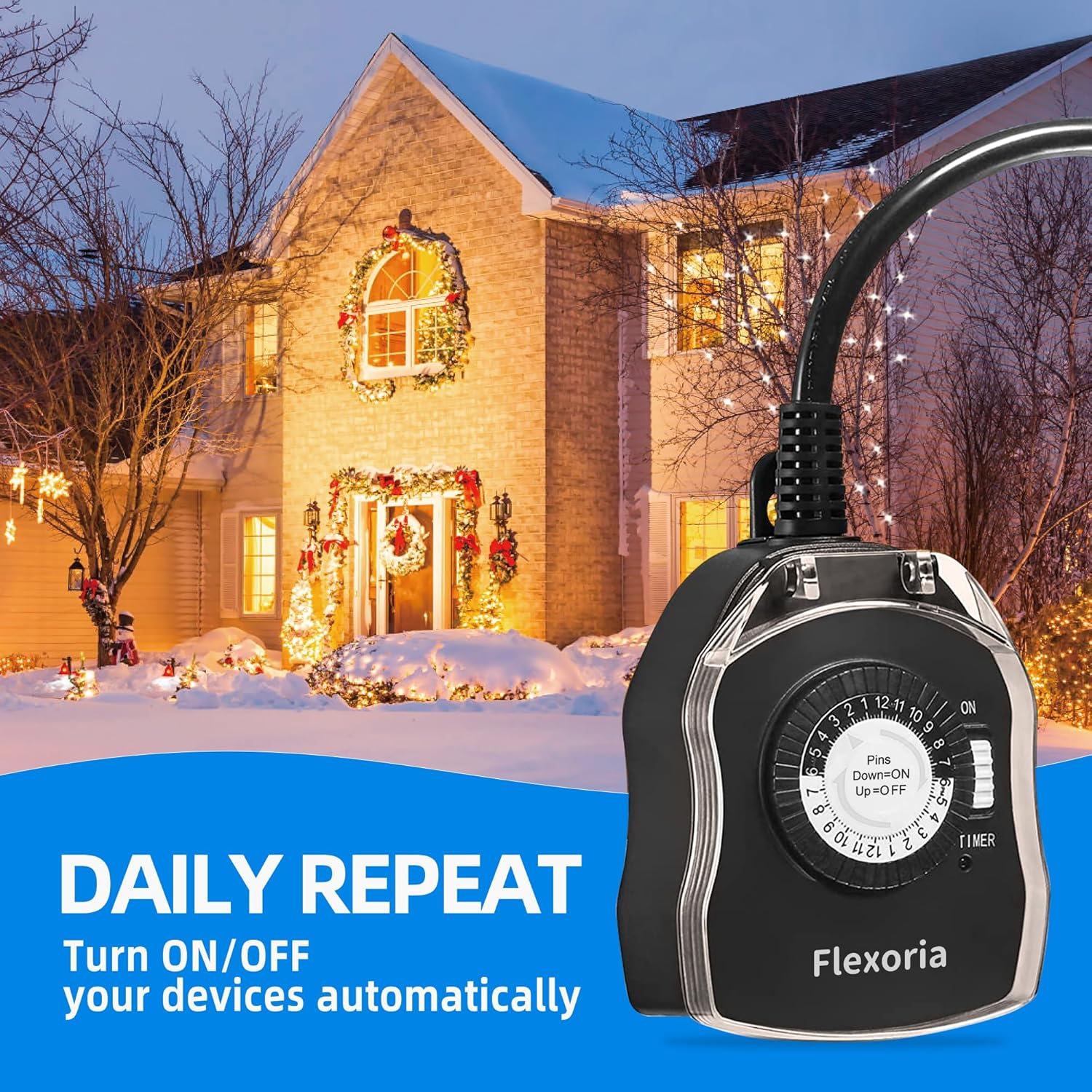 Detalle de Flexoria Outdoor Timer Outlet Waterproof: 24-Hour Mechanical Plug-In Timer with 2 Grounded Outlets