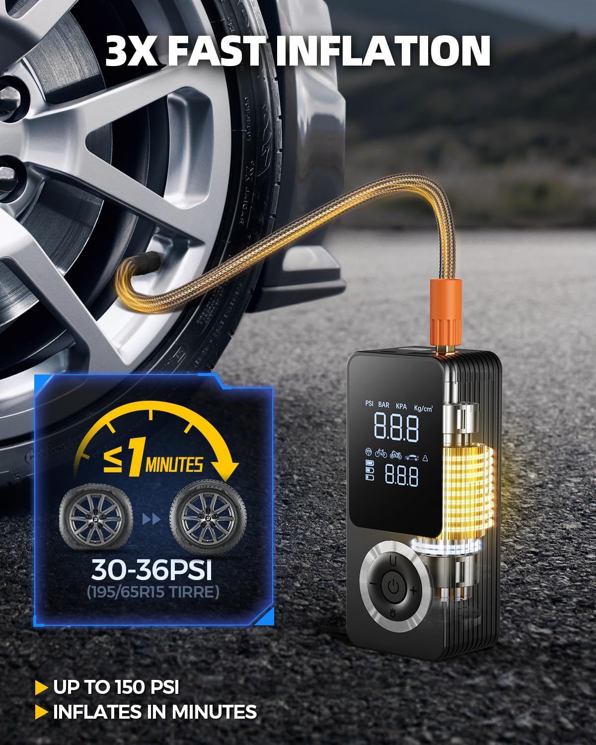 Thumbnail 2 de Cordless Tire Inflator ST10 Air Pump with Digital Pressure Gauge, LED Light, 150 PSI, Auto Shutoff (12V Car Adapter)