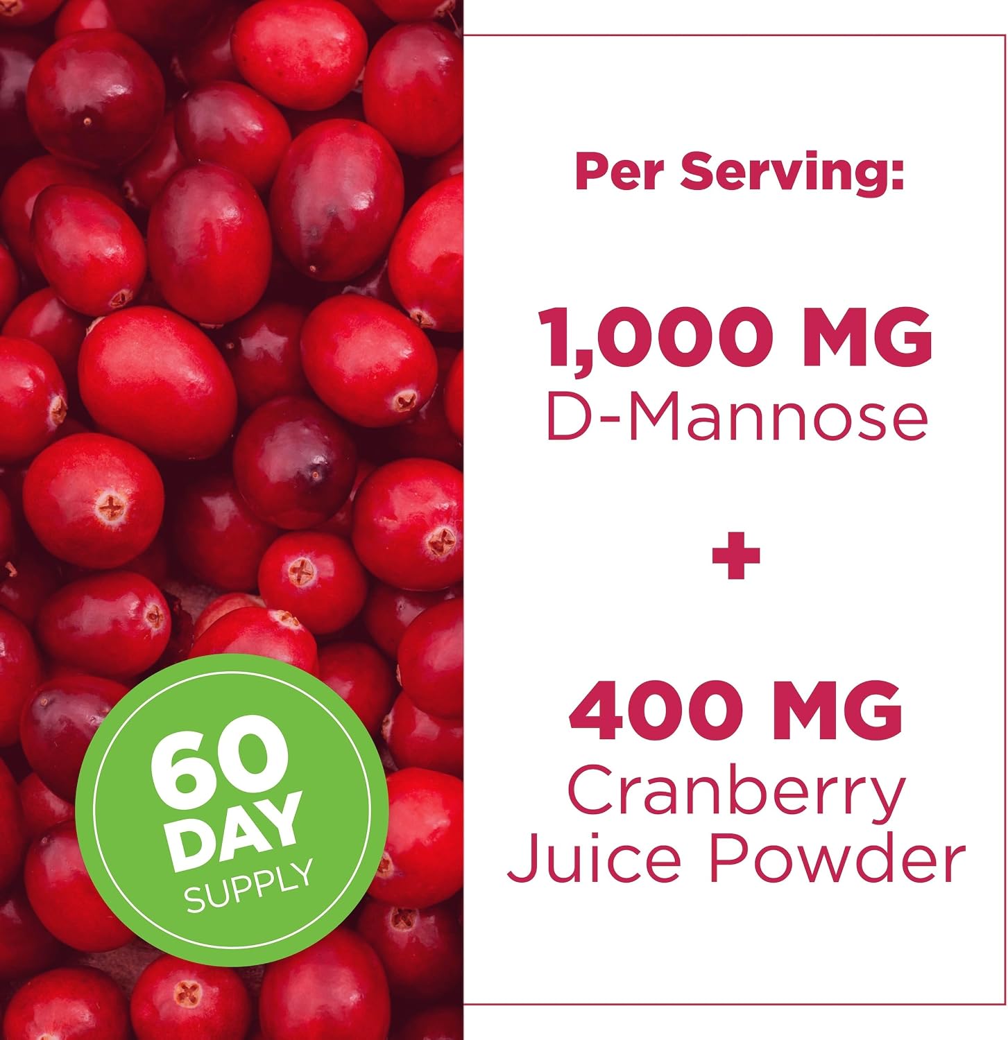 Detalle de PlantVital D-Mannose Capsules, 1,000 mg Daily Dose with Cranberry, 120 Count