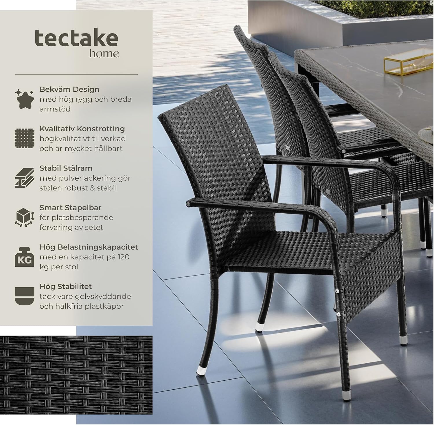 Detalle 2 de tectake Girona 405846 trädgårdsstolar, 6-pack i svart med armstöd