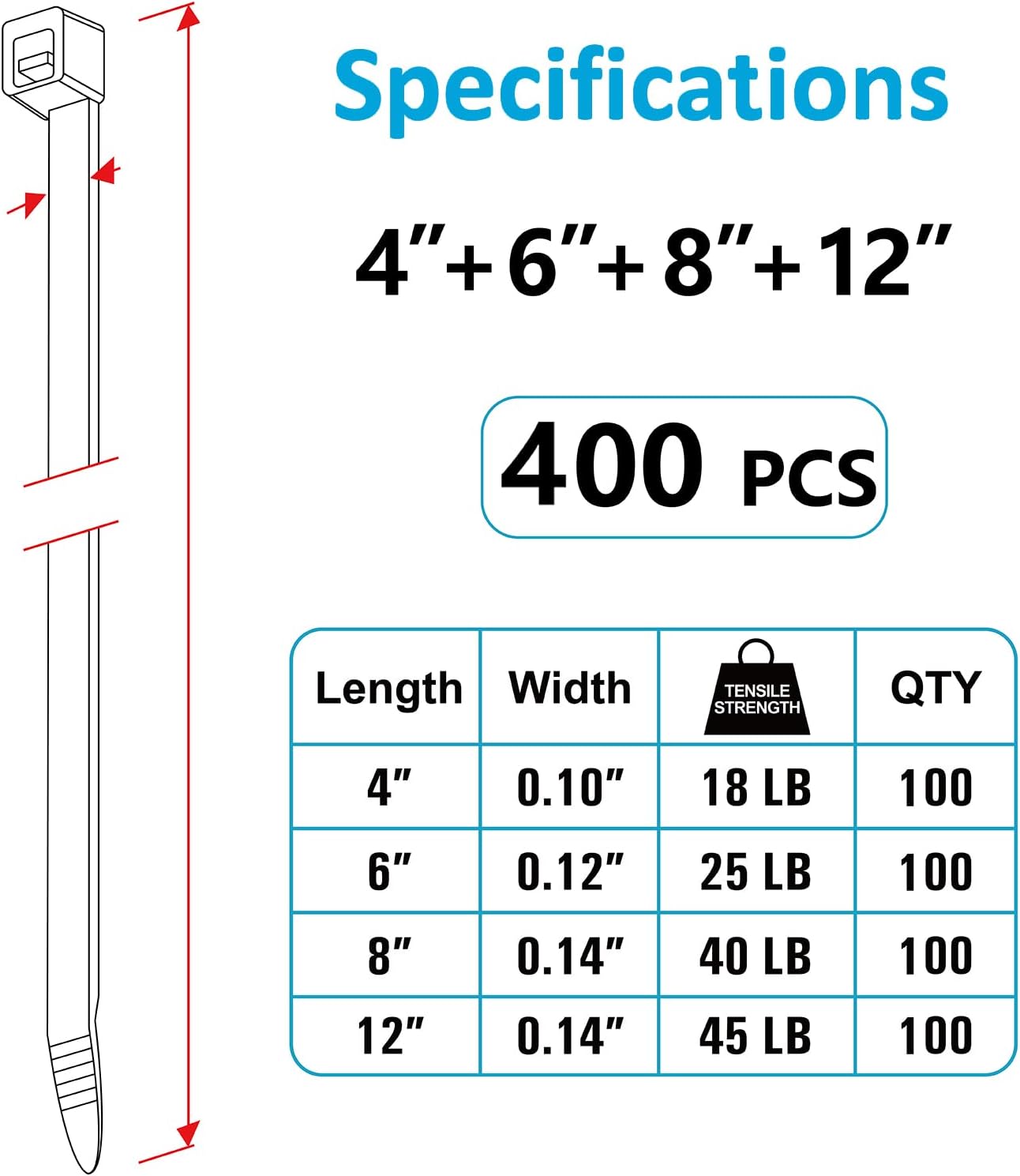 Detalle 2 de ANOSON Zip Ties Assorted Sizes 400 Pack