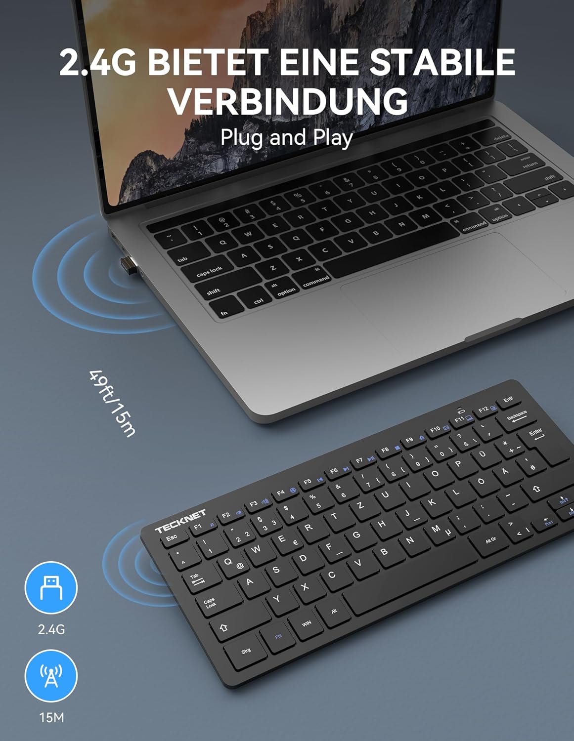 Detalle 2 de TECKNET Slim Kabellose Tastatur 78 Tasten ⌨