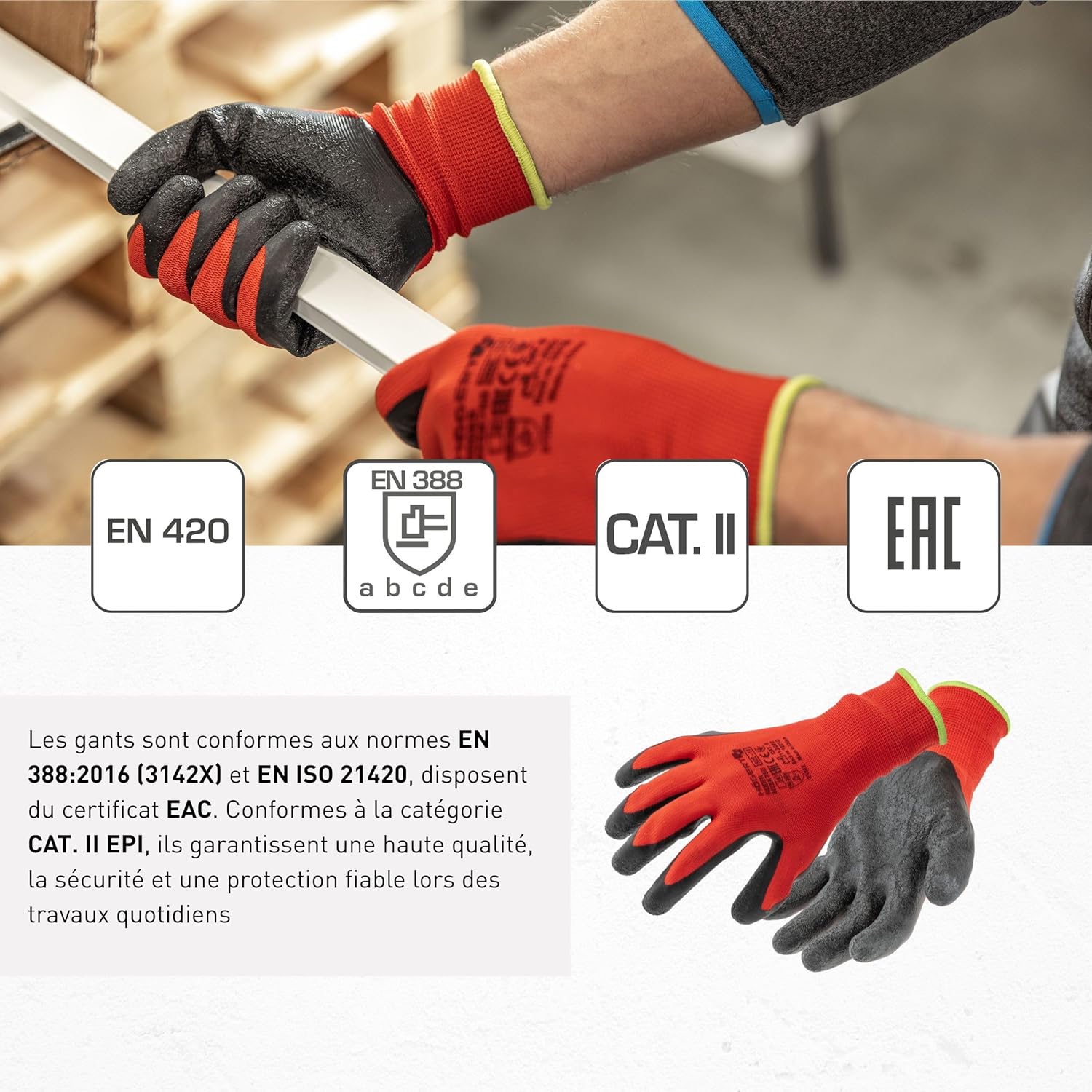 Detalle de Gants de protection RODER de Högert Technik – latex, taille 9, rouge/noir
