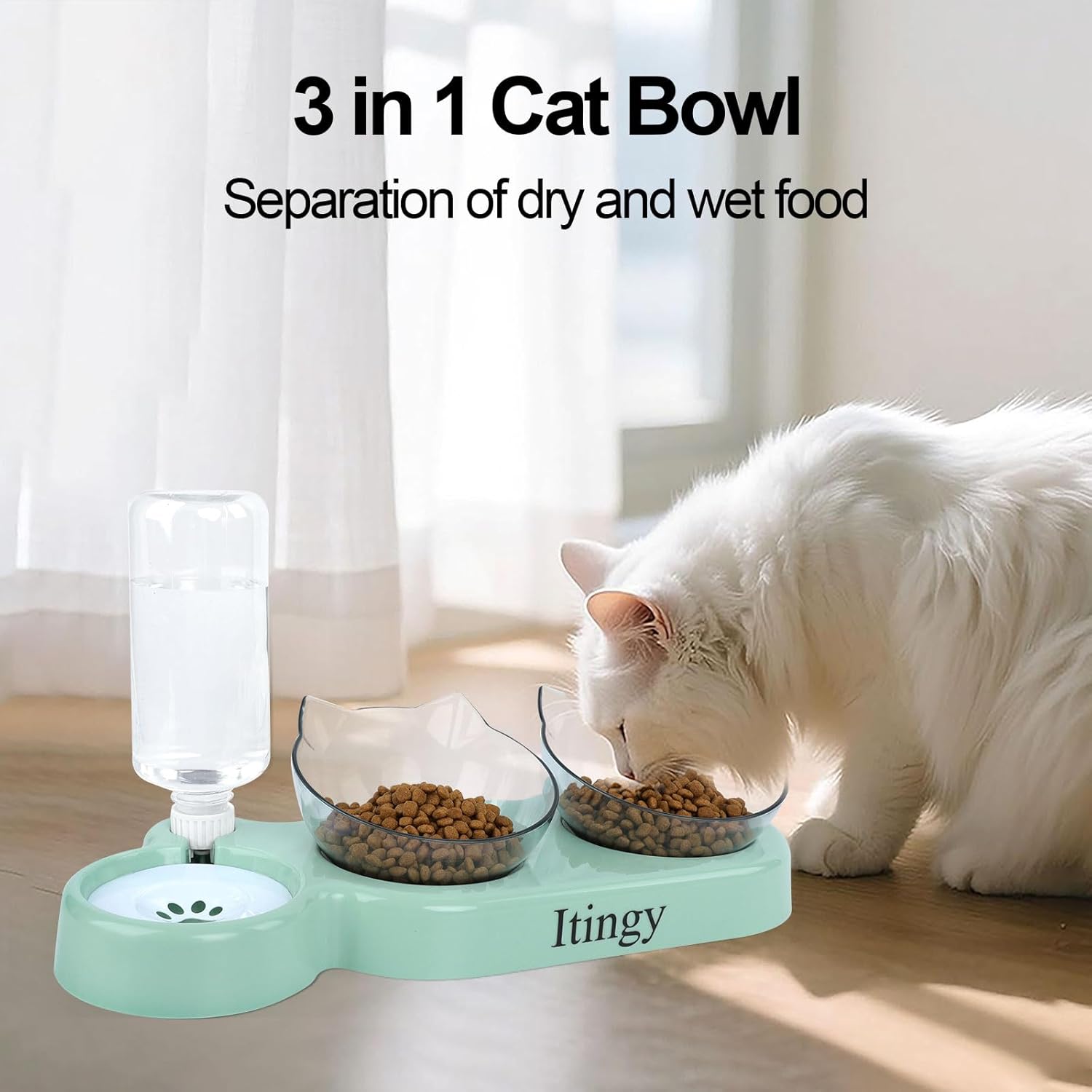 Detalle 2 de Itingy 3-In-1 Cat Food and Water Bowl Set with Tilted Stand and 15° Design
