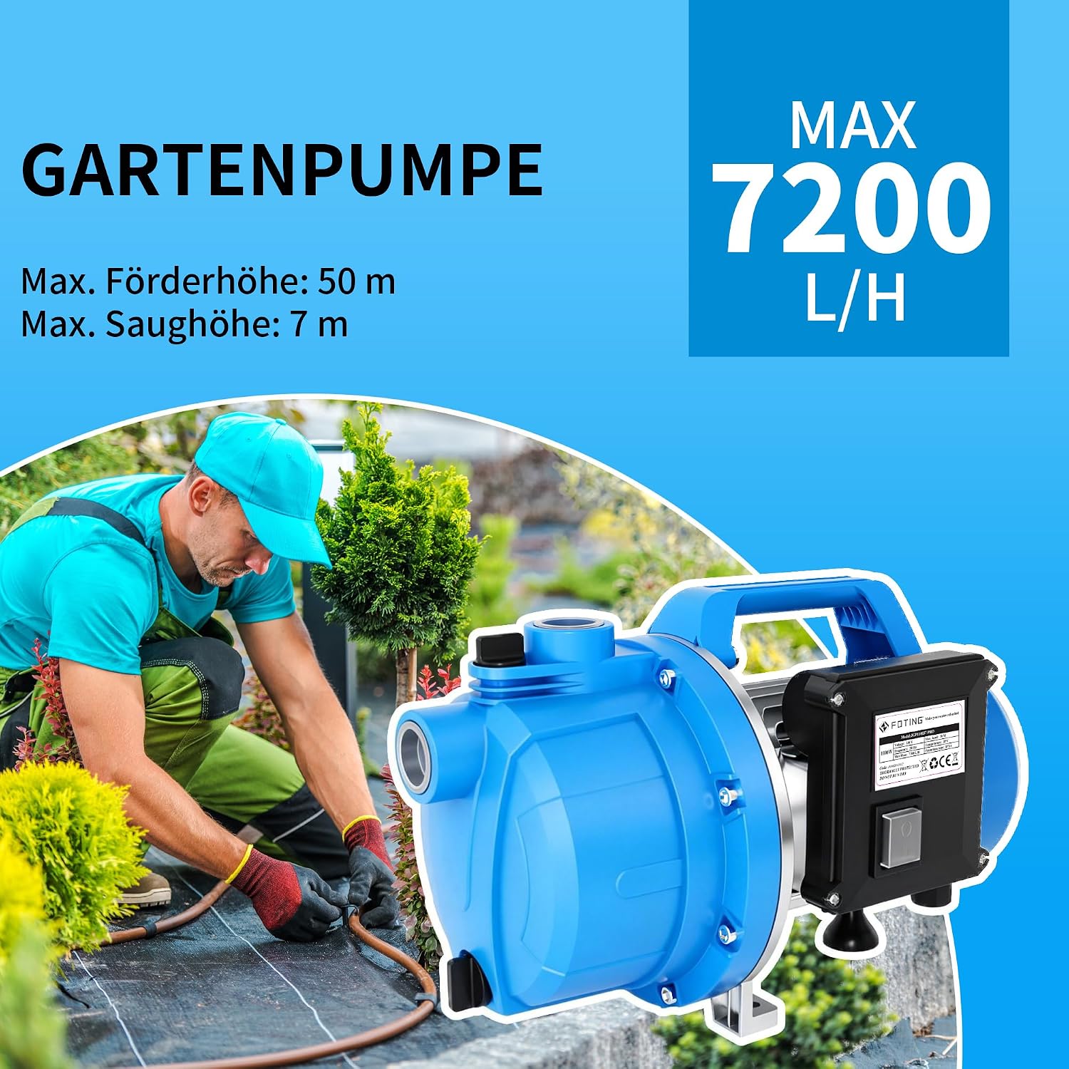 Detalle de FOTING Gartenpumpe 1100 W – 7.200 l/h, 50 m Förderhöhe, 4,5 bar Druck, IPX4, mit Tragegriff