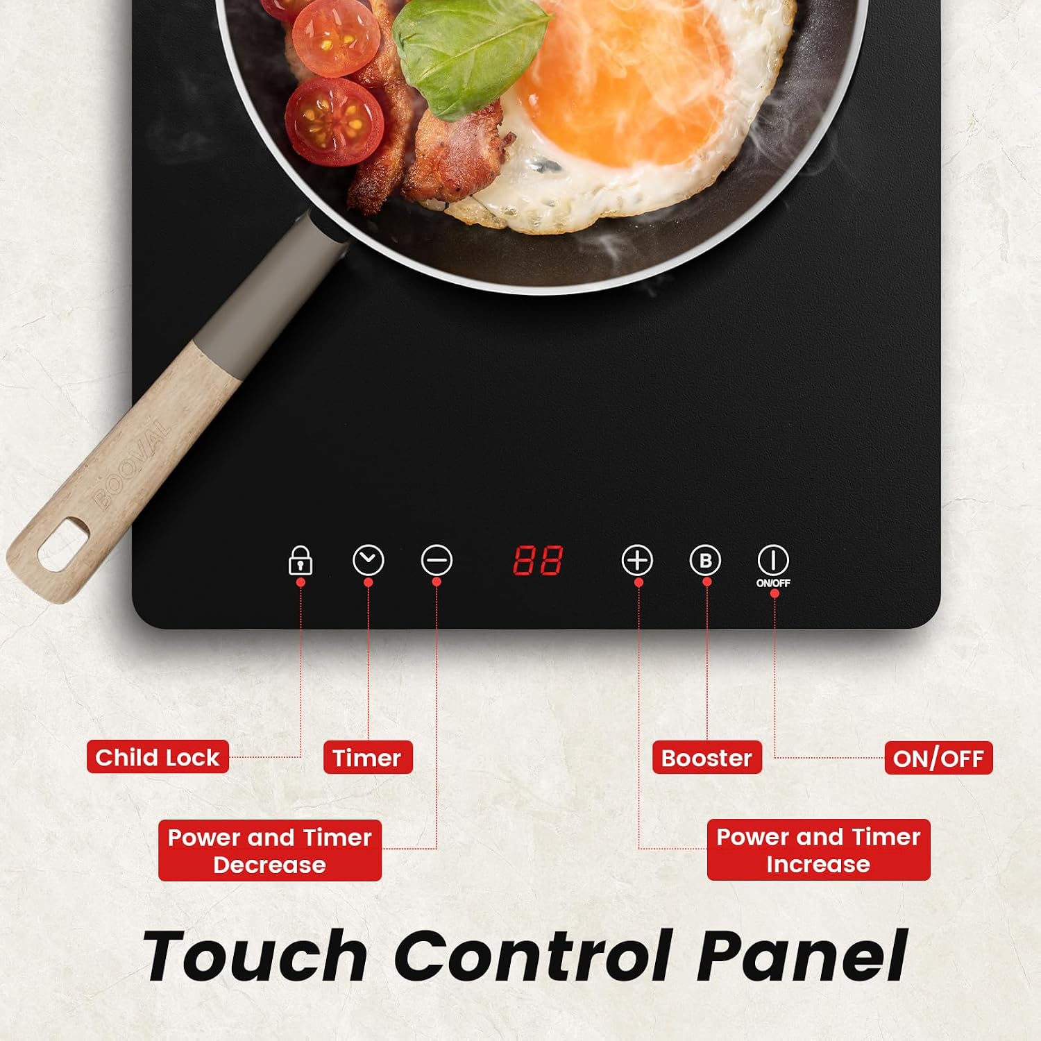 Detalle de BOOVAL PIH201T Single Induction Hob (Black) – 2000W Portable Induction Cooker