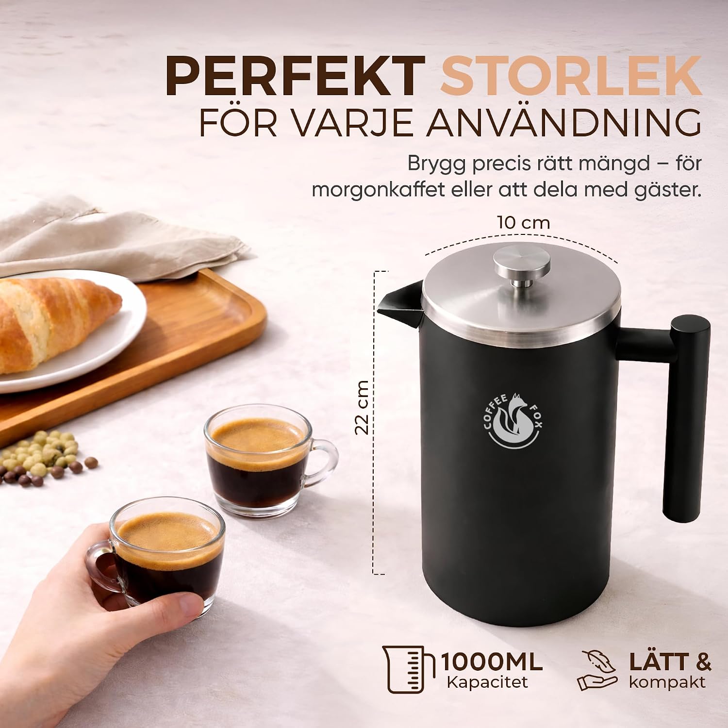 Detalle de Coffee Fox fransk kaffepress i matt svart, dubbelväggigt rostfritt stål