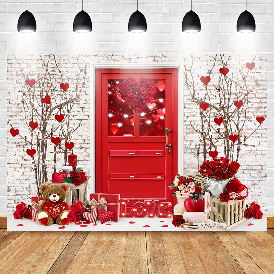 Thumbnail 2 de Avezano Valentine's Day Backdrop 7ft x 5ft – Red Rose Shop on White Brick Wall