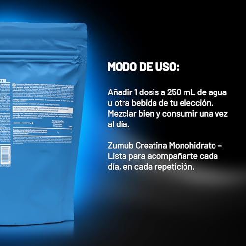 Detalle 2 de Zumub Creatina Monohidratada en Polvo 1kg, 99,5% de pureza - 283 dosis