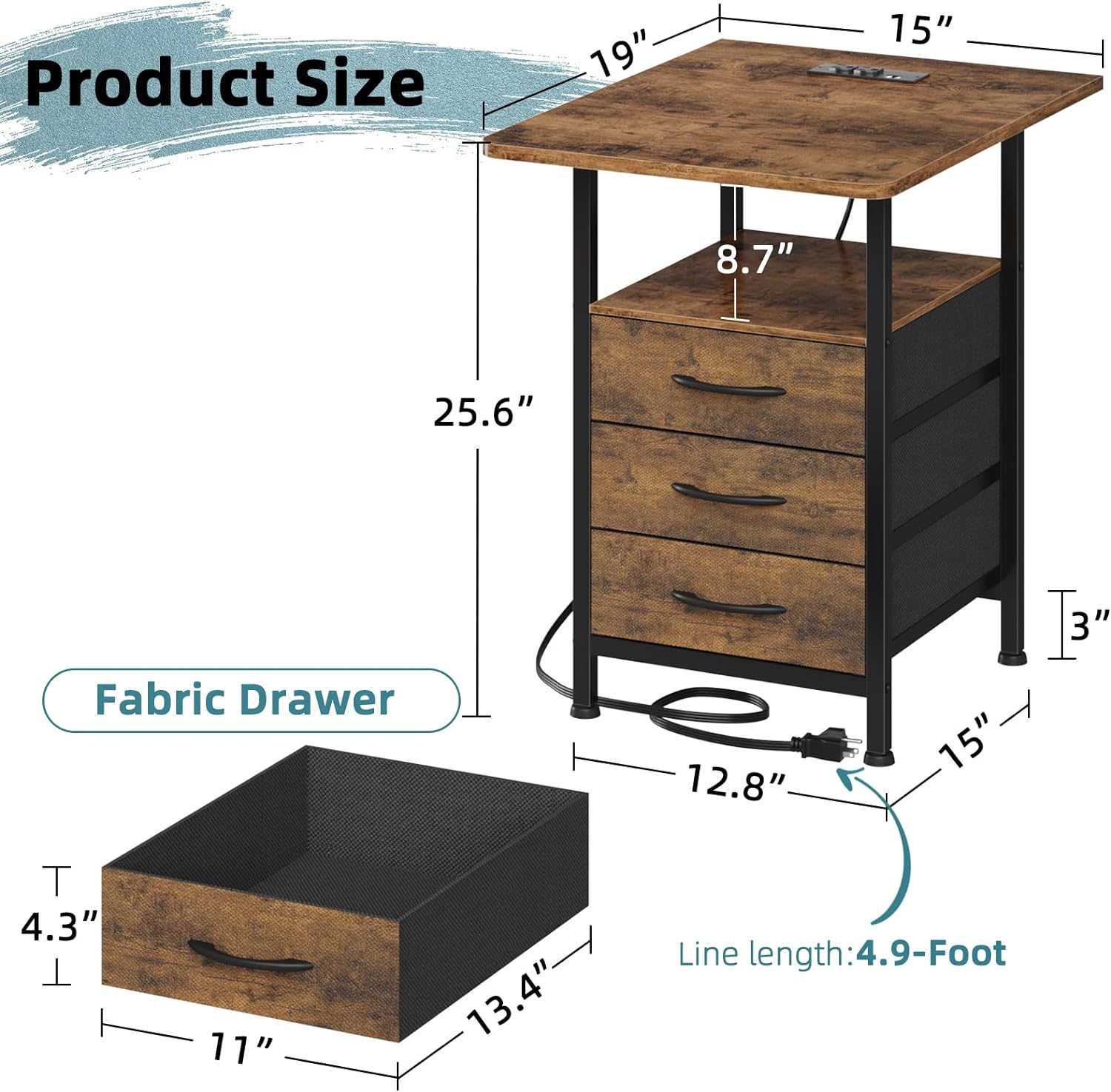 Detalle de GYIIYUO Nightstand Set of 2 with 19-inch Tabletop and Charging Station