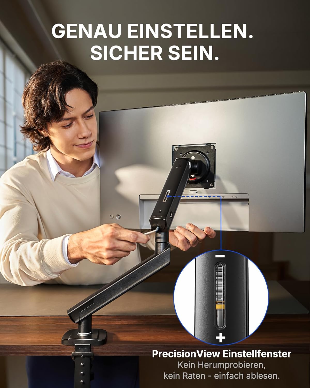 Detalle de HUANUO FlowLift Pro Monitorarm 13–32 Zoll – MechaSpring, 9 kg Tragfähigkeit, VESA 75/100, werkzeuglose Montage