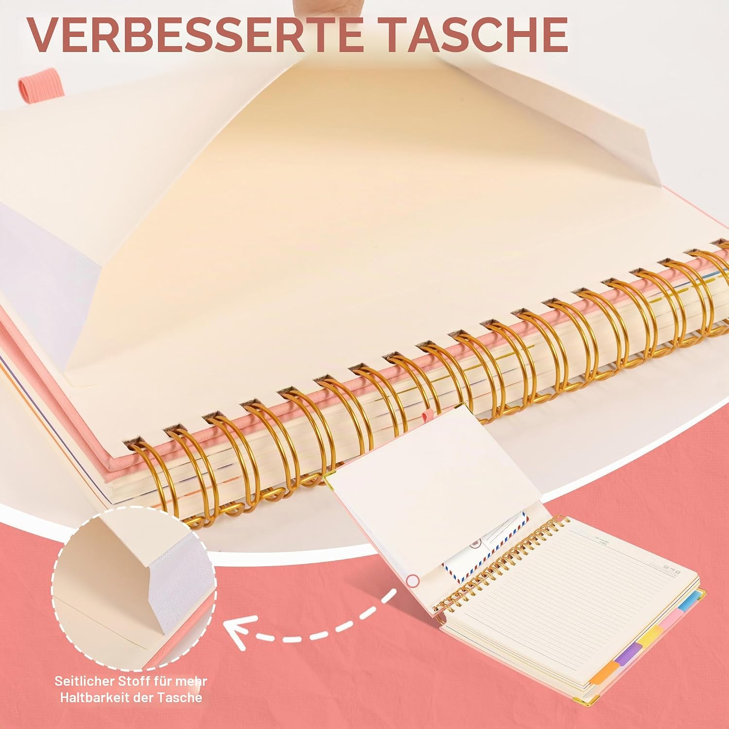 Detalle de Notizblock Notizbuch B5 liniert mit 5 Fächern – flexibles 360‑seitiges Ringbuch in Rosé