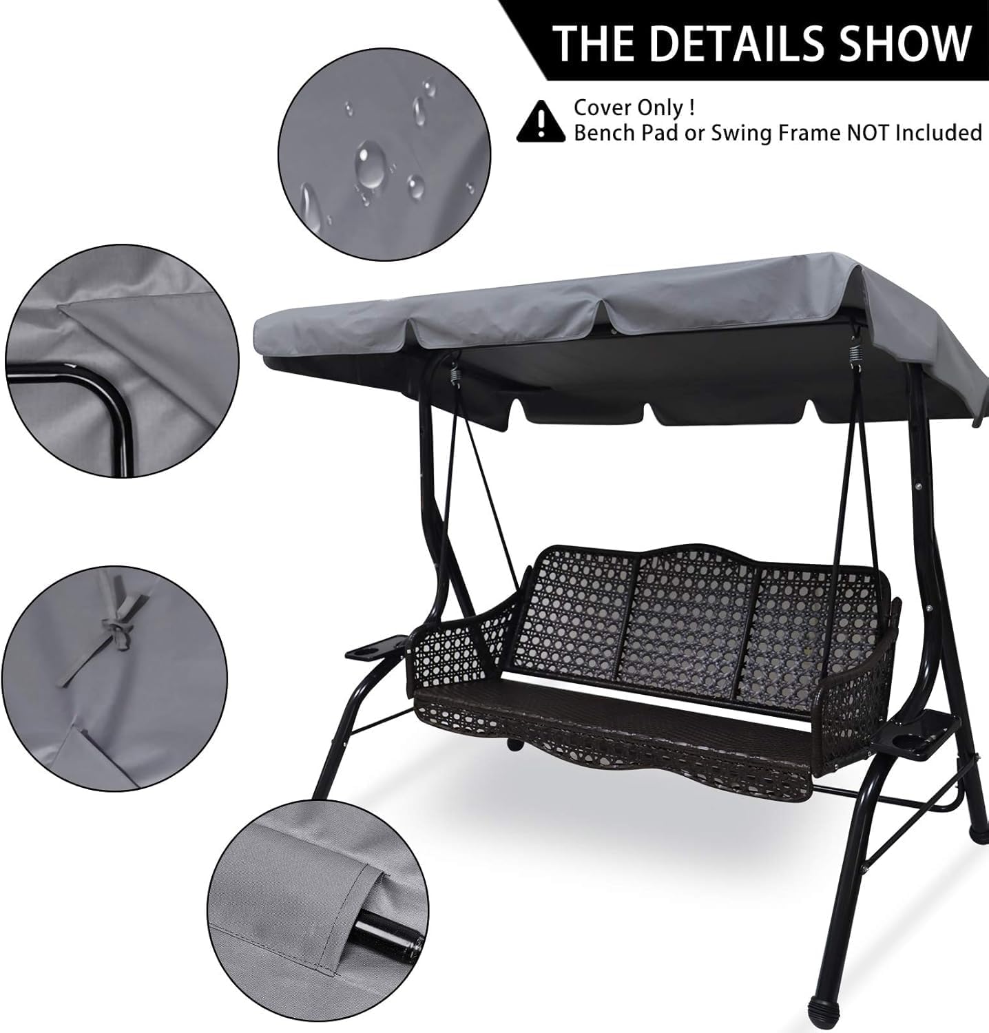 Detalle de HJSSAA Ersatzdach für Hollywoodschaukel (2 Sitzer) 164 x 114 x 15 cm – wetterfest, wasserdicht & UV-geschützt, grau