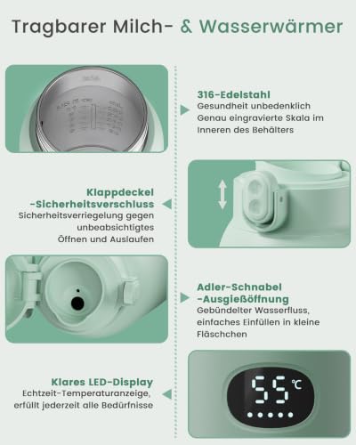 Detalle de Chunyee Tragbarer Flaschenwärmer Baby – 100W Schnellaufheizung, kabellos, 500 ml, USB-C, BPA-frei, hellgrün