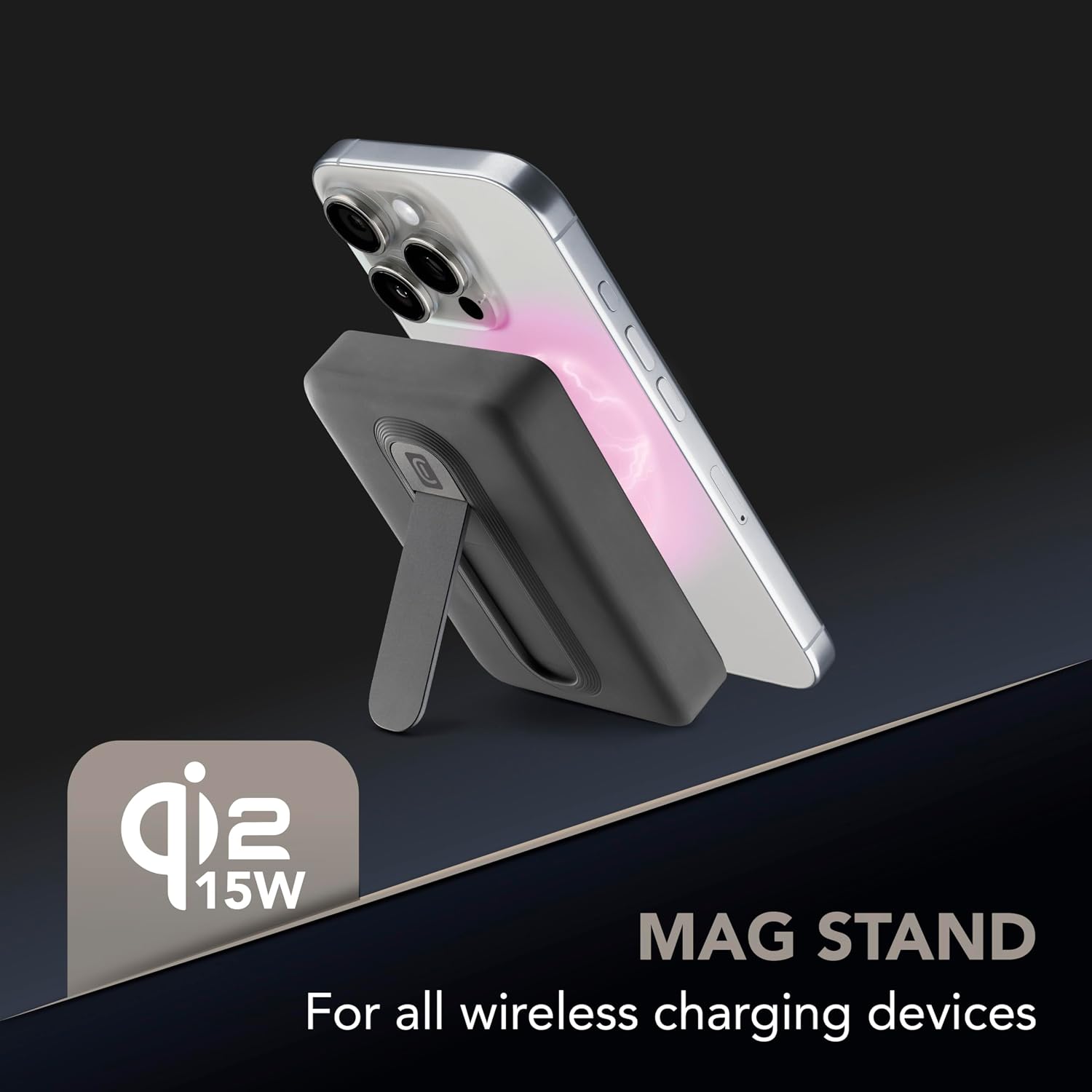 Detalle de Power Bank Cellularline 5.000 mAh Qi2 15W con Stand Integrato e USB-C 20W – Soft-Touch Nero