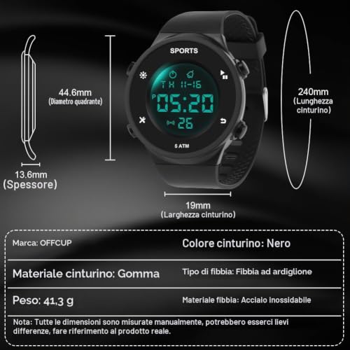 Thumbnail 1 de OFFCUP Orologio Uomo Digitale 5ATM Cronografo con LED – Cinturino in Silicone, Nero