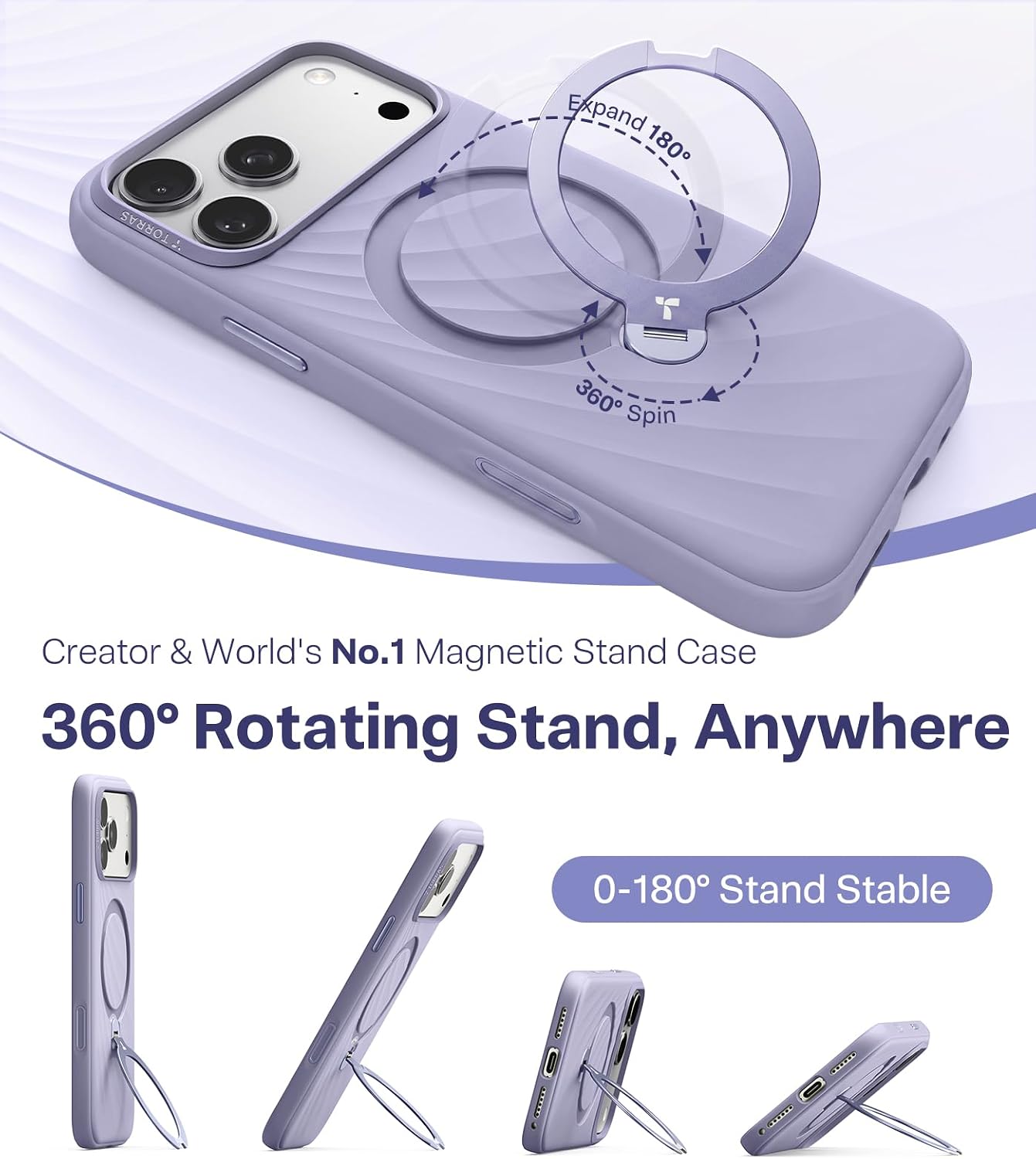 Thumbnail 2 de TORRAS Q3 Wind Silicone Case for iPhone 17 Pro Max with MagSafe, 360 Spin Stand, Lilac Haze