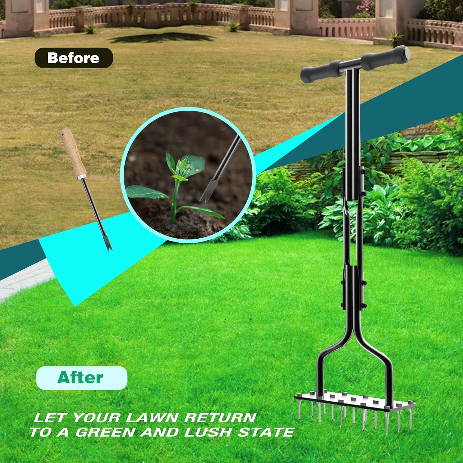 Thumbnail 6 de vanpein Lawn Aerator Spike Aerator Manual Tool – 36in with 15 x 6cm Solid Steel Spikes