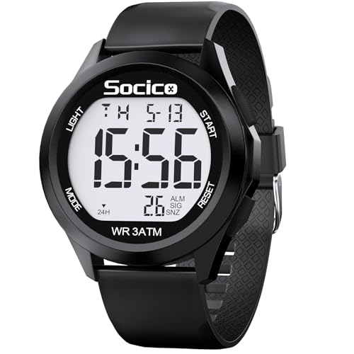 Detalle de SOCICO Herren Digitaluhr 30M – robuster Militär-Style, großes Display, LED-Alarm