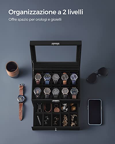 Detalle de SONGMICS Porta Orologi JWB020B01: Scatola a 2 Livelli con Copertura in Vetro e Serratura